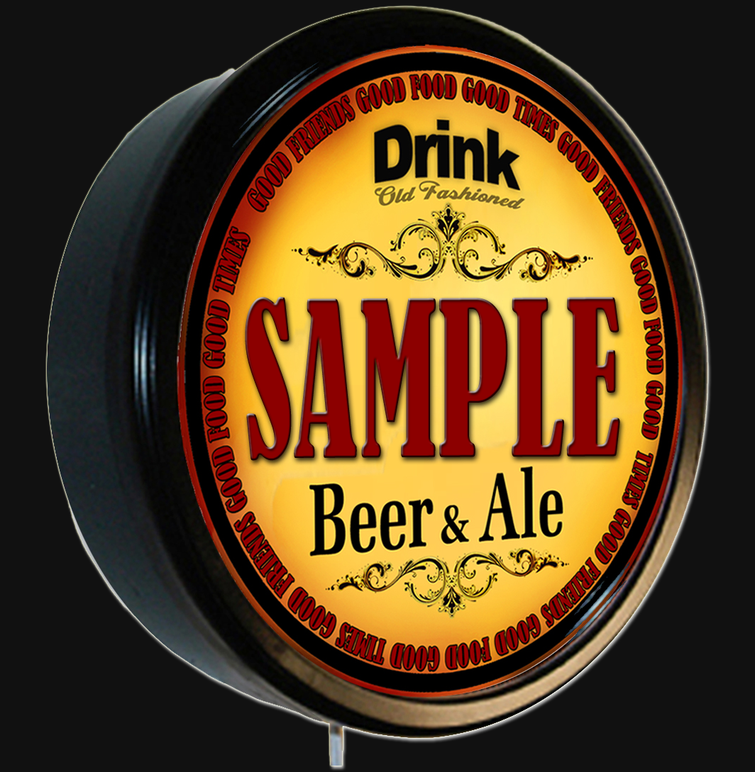 10-inch custom lighted beer sign with black plastic casing and clear cover featuring illuminated brand design - $69.99